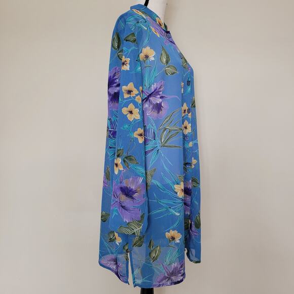 Susan Graver Style Size XL Button Front Sheer Tropical Crinkle Chiffon Tunic Top - Picture 3 of 15